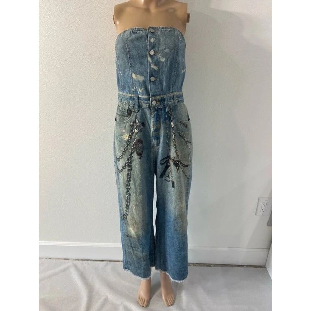 Denim grunge streetwear strapless wide leg jumpsuit sz unknown